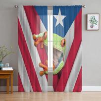 Pentagram Palm Leaves Puerto Rico Flag Chiffon Sheer Curtains For Living Room Bedroom Decoration Window Voiles Tulle Curtain 1 PCS W100XH250cm