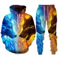 Spalvingas Wolf 3D Print Hoodies Kostiumas Vyriški laisvalaikio megztiniai megztiniai kelnės dviejų dalių rinkinys Cool Streetwear Couple Jogger sportinis kostiumas S