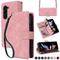 Kelių kortelių lizdo piniginė kryžminio korpuso užtrauktuku magnetinis atverčiamas odinis dėklas, skirtas Samsung Galaxy Z Fold 5 su laikiklio funkciniu dangteliu Samsung Z Fold 5&Case & Strap