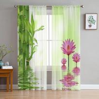Lotoso gėlės ir permatomos bambuko užuolaidos svetainės langams, skaidrios tiulio užuolaidos miegamojo užuolaidos namų dekoravimui 135W x 114H(cm) white