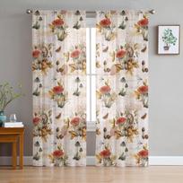 Fall Mushroom Flower Butterfly Dragonfly Sheer Voile Window Curtains Tulle Curtains Living Room Balcony Decoration Drapes 135W x 114H(cm) white