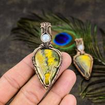 Natural Bumblebee Jasper, Moonstone Gemstone Copper Wire Wrap Pendant 2.68  W6M65 black
