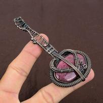 Natural Rhodonite Gemstone Handmade Copper Wire Wrap Guitar Pendant 3.1  v1C59 black