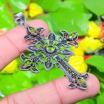 Natural Cross- Peridot Gemstone 925 Sterling Silver Gift Pendant 2.68  S4j38 gray