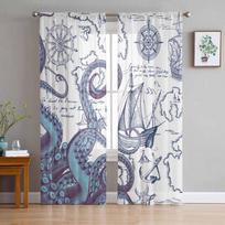 Pirate Ship Navigation Chart Octopus Tentacles Bedroom Curtains Tulle Sheer Curtain Living Room Home Decor Voile Drapes 135W x 114H(cm)