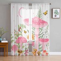 Mushroom Plants Ladybugs Fox Eucalyptus Leaves Tulle Window Curtains for Bedroom Luxury Drapes in Living Room Chiffon Panels 135W x 114H(cm) white