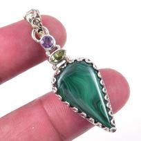Natural Malachite,Peridot Gemstone 925 Solid Sterling Silver Pendant 1.75'' W1J24 blue