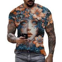 Artistic Floral Face Illustration T-Shirt - Vibrant Orange & Blue, Full Print Men’s Tee, Soft Polyester, Casual Wear S- XXXL S