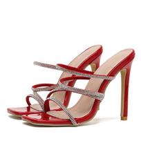 Liyke New Design Square Toe Red Slippers Women Fashion Crystal Narrow Band Summer Sandals Ladies High Heels Wedding Shoes Pumps 42 raudona