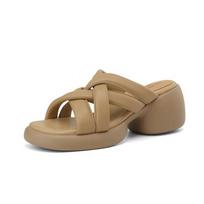 Krazing Pot Sheepskin Mules Peep Toe chunky Heels Summer Shoes European Design Platform Waterproof Women Sandals 34 abrikosas
