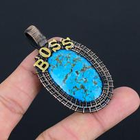 Natural Blue Turquoise Gemstone Boss Pendant | Oxidized Copper Wire Wrapped | Necklace Pendant | Handmade Copper Pendant Jewelry for her/him