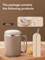 WORTHBUY 480ML Kavos Puodeliai su Šiaudeliu ir Šaukšteliu 304 Nerūdijančio Plieno Daugkartinio Naudojimo Nešiojamas Sandarus Kavos Pieno Puodelis Gėrimo Puodelis 480ml beige