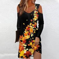 Women's V Neck Casual Knee Length Long Sleeve Print Long Dress  Autumn XXL geltona