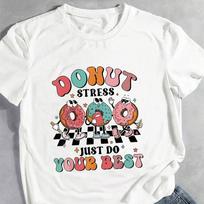 Fashion Women Creative Astronaut Letter Donut Print T Shirt Funny Casual O-neck Short Sleeves T-shirt Summer Female Tee Shirt M juoda