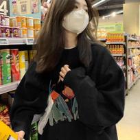 Ladies Oversize Rose Print Round Neck Hoodie for Autumn and Winter Women's Long Sleeve Casual Sweatshirt Top M brown