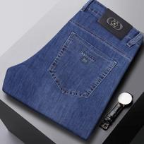 2024 Summer Ice Silk Thin Elastic Jeans Men'S Straight Tube Loose Business Casual Pants Middle Aged Men'S Pants 29 mėlyna
