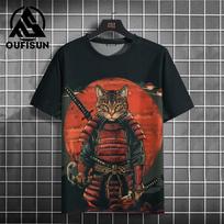 Samurai Cat T-Shirt For Men Trendy Japanese Hip Hop Short Sleeve Tees Oversized Streetwear Casual Sweatshirt Male Clothing Tops 3XL black