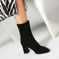 Krazing Pot Flock Autumn Winter Shoes Strange Style Heels Super Size Beauty Boots Pointed Toe Keep Warm Zipper Ankle Boots 34 juoda