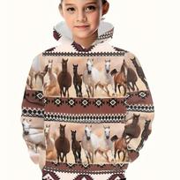 Vibrant Galloping Horses & Geometric Pattern Print Long Sleeve Hoodie - Sweatshirts Winter Wear Relaxed Fit Soft Fabric 100
