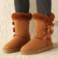 Fur Bow Snow Boots Women Flats Mid Calf Warm Shoes Short Plush Cozy Winter New Trend  Walking Cotton Casual Motorcycle Botas 37 black