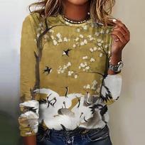 Harajuku Women's T-Shirt Mount Fuji Print Top Casual  Loose Sweatshirt Crew Neck Long Sleeve Streetwear S brown