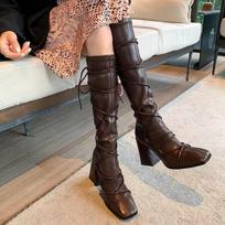 Moteriški ilgaauliai aukštakulniai odiniai batai suvarstomi Madingi kvadratiniai pirštai Stambūs batai Moterų tendencijos Rudens pompos Sniegas Botas Mujer 35 gray