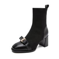 2024 2024 New Women's 2024 Ankle Boots Elegant Round Head High Heel Socks Single Boots Autumn Winter Short Plush Warm Shoes Women 34