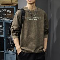 Autumn Wasteland Feng Shui Washing Printing Long-Sleeved T-Shirt Men'S American Heavy Pure Cotton Bottoming Shirt Trendy Brand Loose Sweater M gray