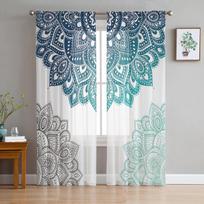 Mandala Gradient Bohemian Flower Tulle Curtains For Living Room Kitchen Decoration Chiffon Window Treatments Voile Sheer Curtain W135 x H115cm x1&Rod Pocket blue