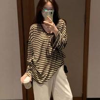 Hot Girl Striped Sun Protection Blouse Women's New Autumn Loose U-neck Early Autumn Long-sleeved T-shirt Thin Outer Top XL brown