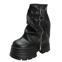 Mada 10CM Batai Moterims Nauji Iki Blauzdos Aulinukai Aukšta Platforma Modernūs Batai Diržo Sagtis Punk Batai Moteriški Užtrauktukas Odiniai Motociklininko Batai 34 juoda