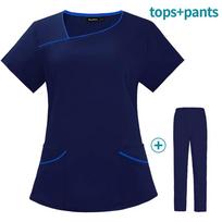 Workwear Hospital Oral Brush Hand Clothes Nurse Uniforms 2024 Summer Short-sleeved Suit for Women Laboratory Professional S tamsiai mėlyna spalva