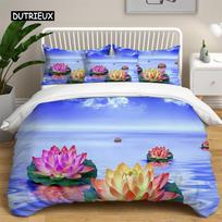 Lotus Floral Duvet Cover King Microfiber Water Hibiscus Bedding Set Flower Leaves Quilt Cover Nature Art Theme Bedspread Cover EU single(135x200cm) blue