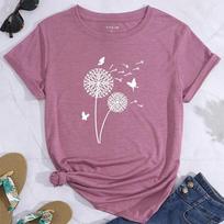 Women's new dandelion pattern round neck printed loose women's top Y2K style T-shirt casual breathable fresh short sleeves XS gray