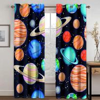 3D Cartoon Kids Star Spaceship Curtains Astronaut Galaxy 2 Panel Fit Living Room Bedroom Kitchen Balcony Window Decoration 50W130H(CM)X2PCS&Grommet Top blue