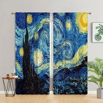 2pcs Van Gogh Starry Sky OilPainting Print Curtains Rod Pocket Curtain For Living Room Bedroom Office Kitchen Study Home Decor 2x50W100H(CM)&Grommet Top gray