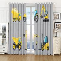 2pcs Cute Cartoon Toy Car Truck Yellow Excavator for Kids Boy Bedroom Window Curtains Treatment for Children Bedroom Home Decor Milled cotton fabric&Grommet Top