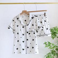 New Summer Women's Pajamas Set 100% Cotton Crepe Short Sleeve Shorts Two Piece Set Love Cute Sweet Home Thin Style Women M balta