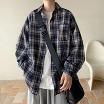 Men's Hong Kong-Style Plaid Shirt: Trendy Japanese Long-Sleeve for Spring & Autumn M mėlyna