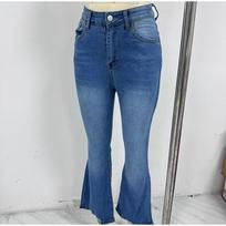 Women Jeans Bleached High Waist Flare Jean Zipper Fly Vintage Washed Loose Fit Denim Full Length Pants Pockets Basics Solid Color S mėlyna