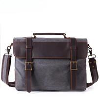 Men's Canvas Shoulder Bag with Top Leather Crossbody Bag Chest Briefcase Retro Computer chaki