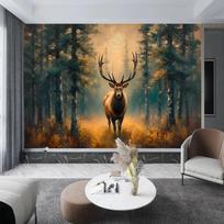 Animacinių filmų sienų tapyba 3D ranka pieštas elnias gyvūnas miško medžio raštas tapetai namų miegamojo sienų tapyba dekoracija 200 cm(W) x 140 cm(H) beige