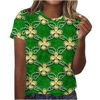 Summer Round Neck 3D St. Patrick's Day Green Theme Print Top Fashionable Casual Short Sleeved Women's T-shirts S beige
