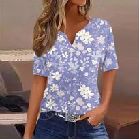 Women's T Shirt Print Button Short Sleeve Daily Weekend Fashion Basic V-Neck Regular Top L mėlyna