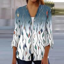 3/4 Sleeve Shirts For Women Loose Fitting Printed T-shirt V-neck Ruffle Sleeves Tops L mėlyna