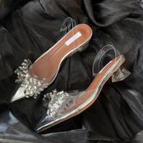 Pavasarinis drugelio mazgas Krištoliniai moteriški bateliai-aukštakulniai PVC Skaidrūs kulniukai Elegantiški smailūs pirštai Šventiniai Prom Mules Batai Zapatos Mujer 35 brown