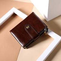 Men's Wallet Oil Wax Real Cowhide Double Zipper RFID Multifunctional Retro Wallet tamsiai ruda spalva