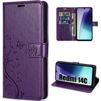 Case for Xiaomi Redmi 14C, Protective Flap Anti-Scratch Synthetic Leather Floral Relief - Dark Purple