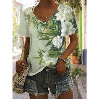 Womens Vibrant Floral Print T-Shirt - Casual Crew Neck, Short Sleeve Top for Summer, Stylish and Comfortable XL žalia
