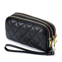 Women's genuine leather clutch bag  top layer leather  long wallet  three-layer multifunctional quilted phone mobile pouch